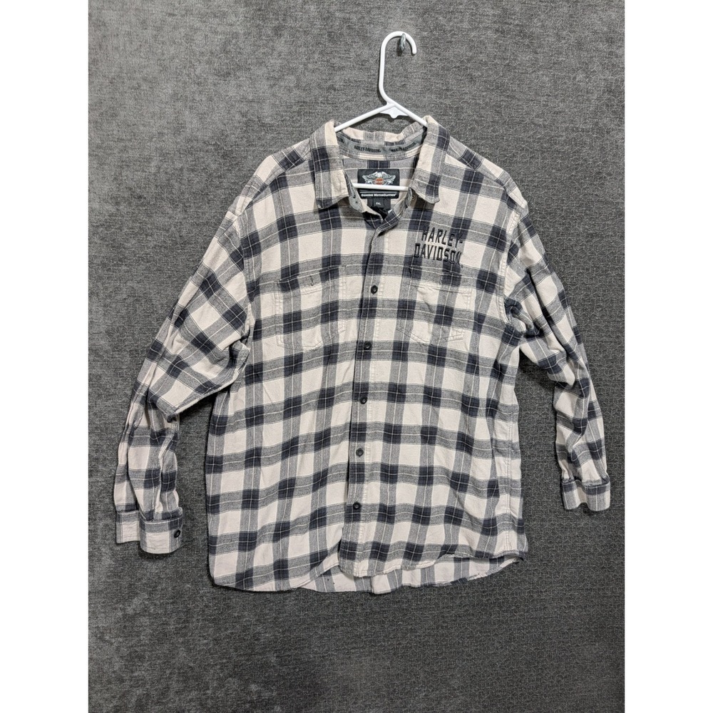 Harley-Davidson Mens 2XL Gray Black Plaid Flannel Button Up Shirt 100% Cotton